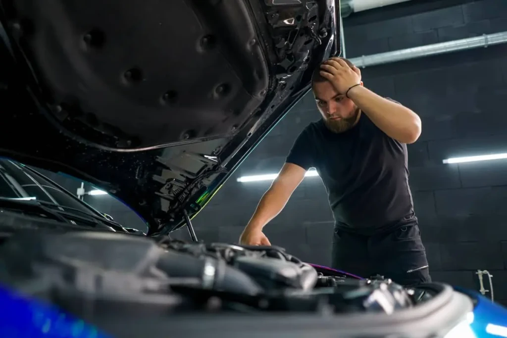Driver looking frustrated while inspecting a car engine under an open hood