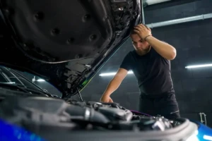 Driver looking frustrated while inspecting a car engine under an open hood